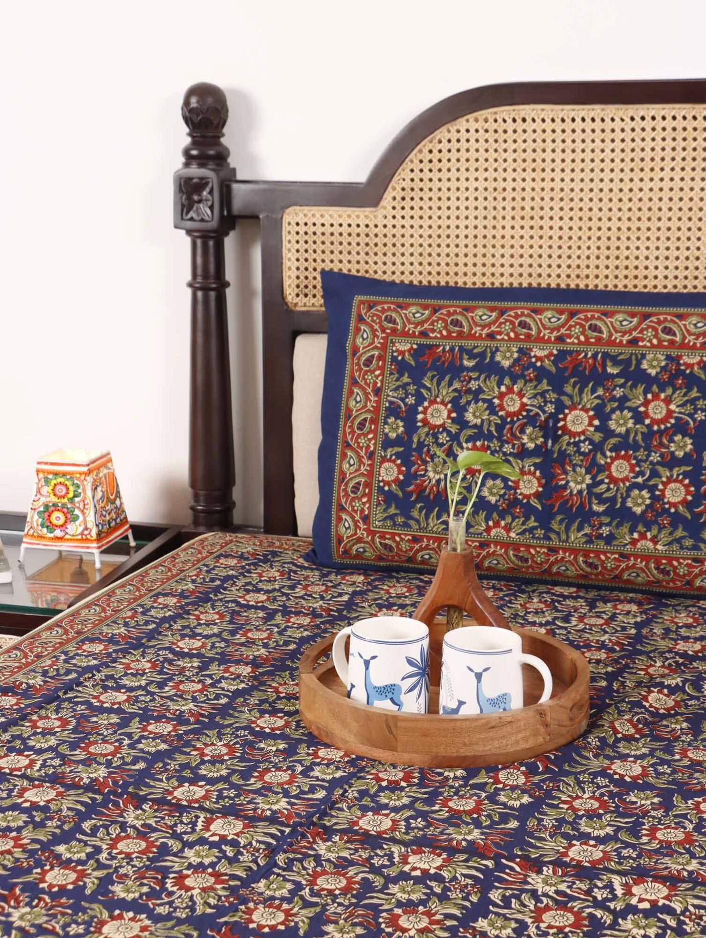 Kalamkari Phool Blue - Single Bed Bedsheet (60x90 Inches)