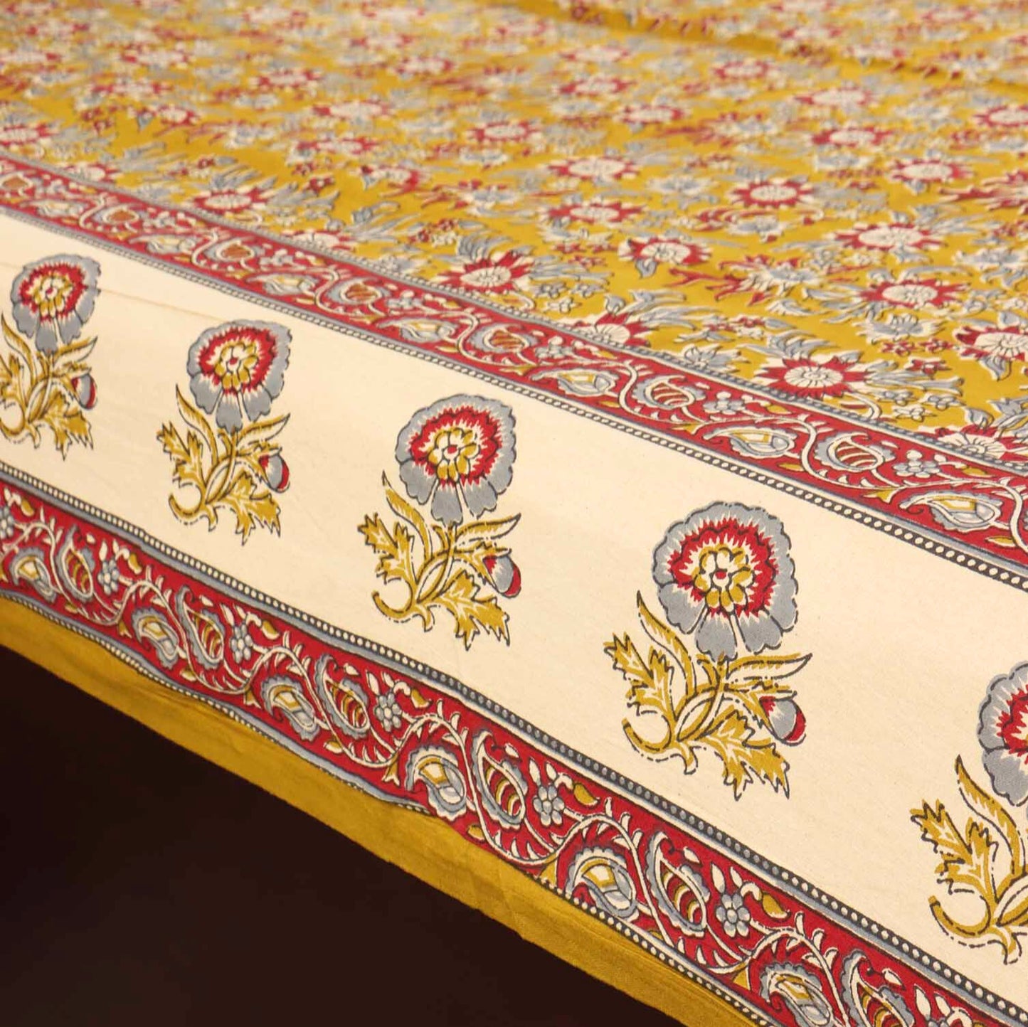 Kalamkari Phool Mustard - Single Bed Bedsheet (60x90 Inches)
