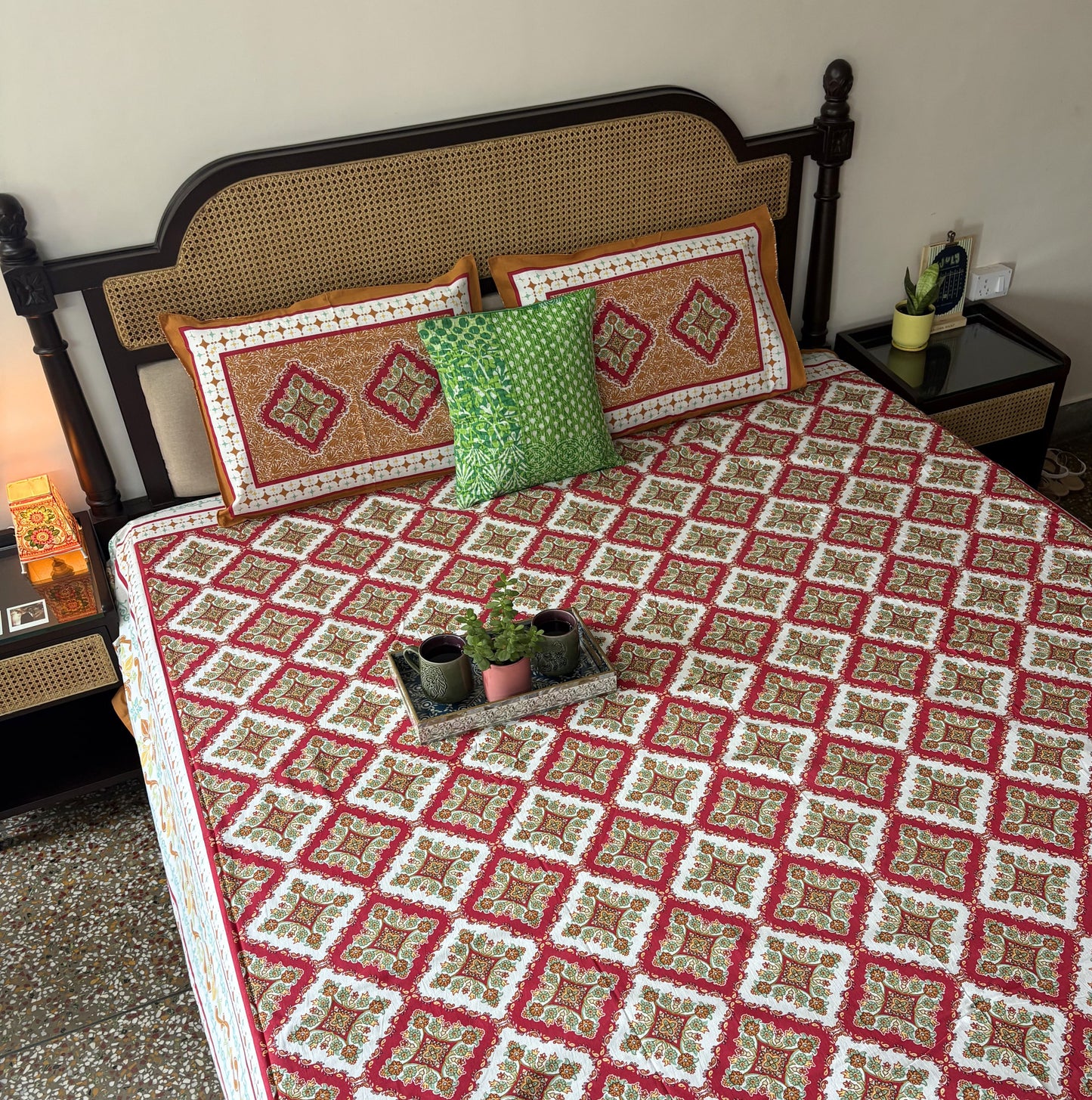 Sagar Red - Flat I Fitted Bedsheet (108x108 Inches)