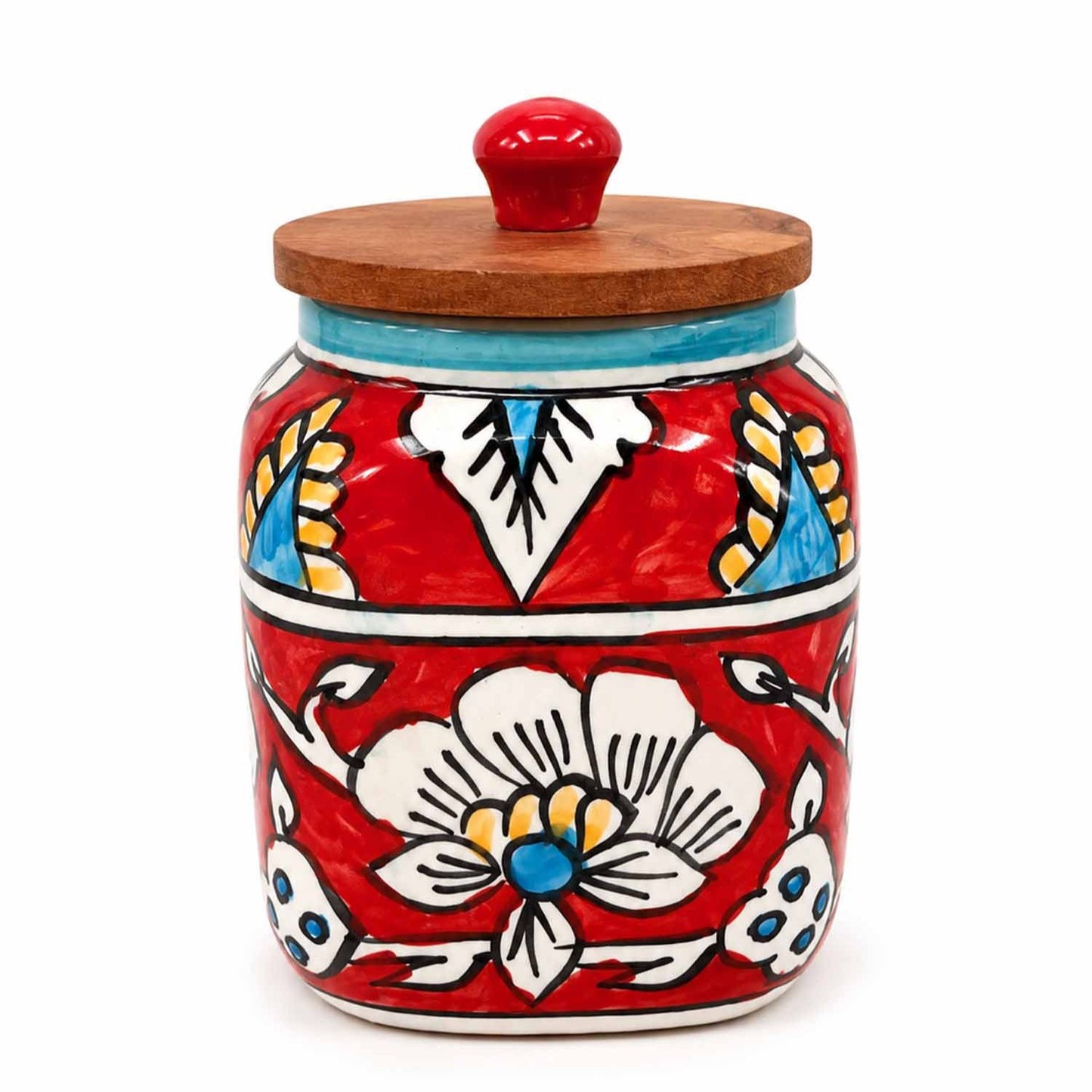 Hand Painted Ceramic Storage Jars - Red Blue- Set Of 2