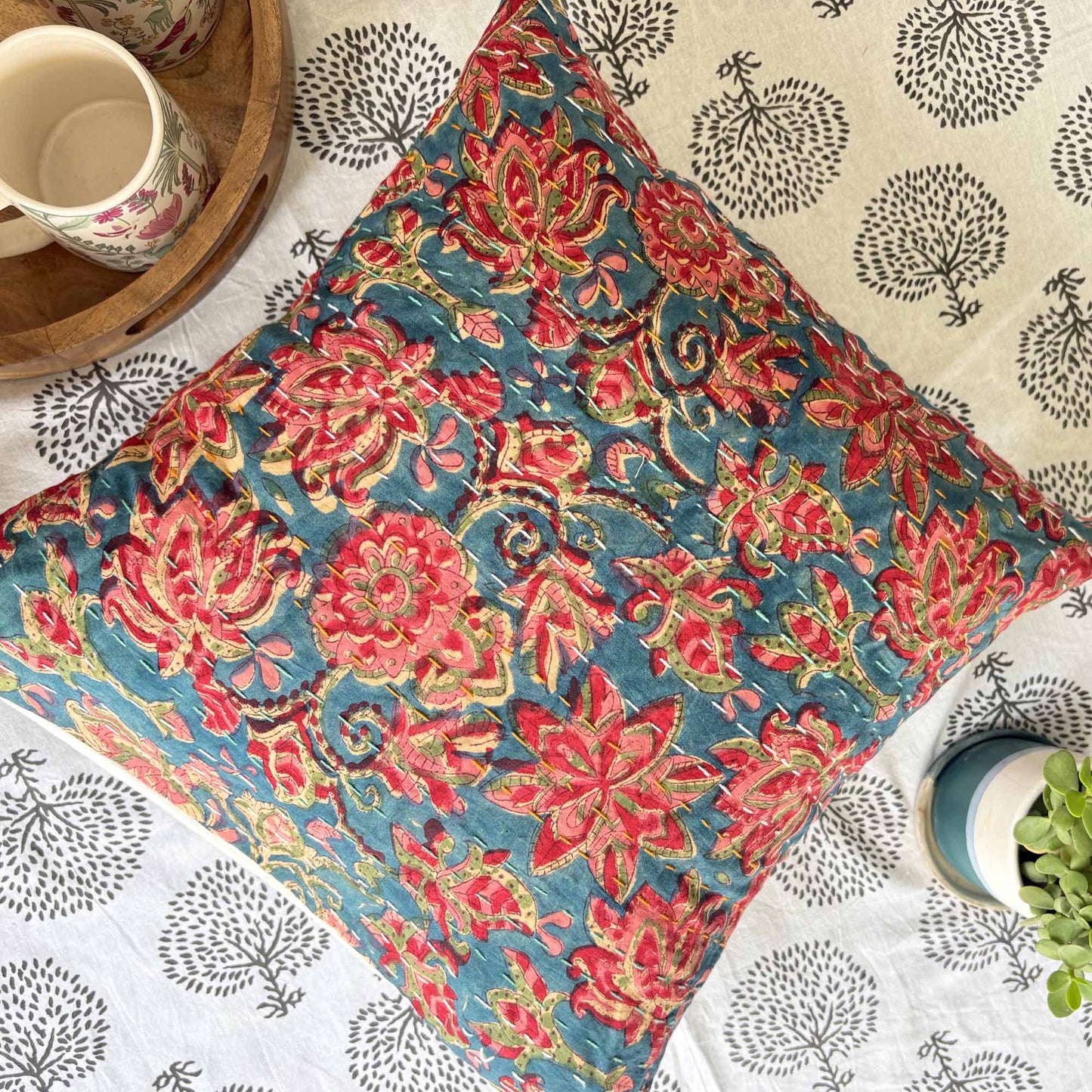 Gulnaar – Handblock Kantha Stitch Cushion Cover