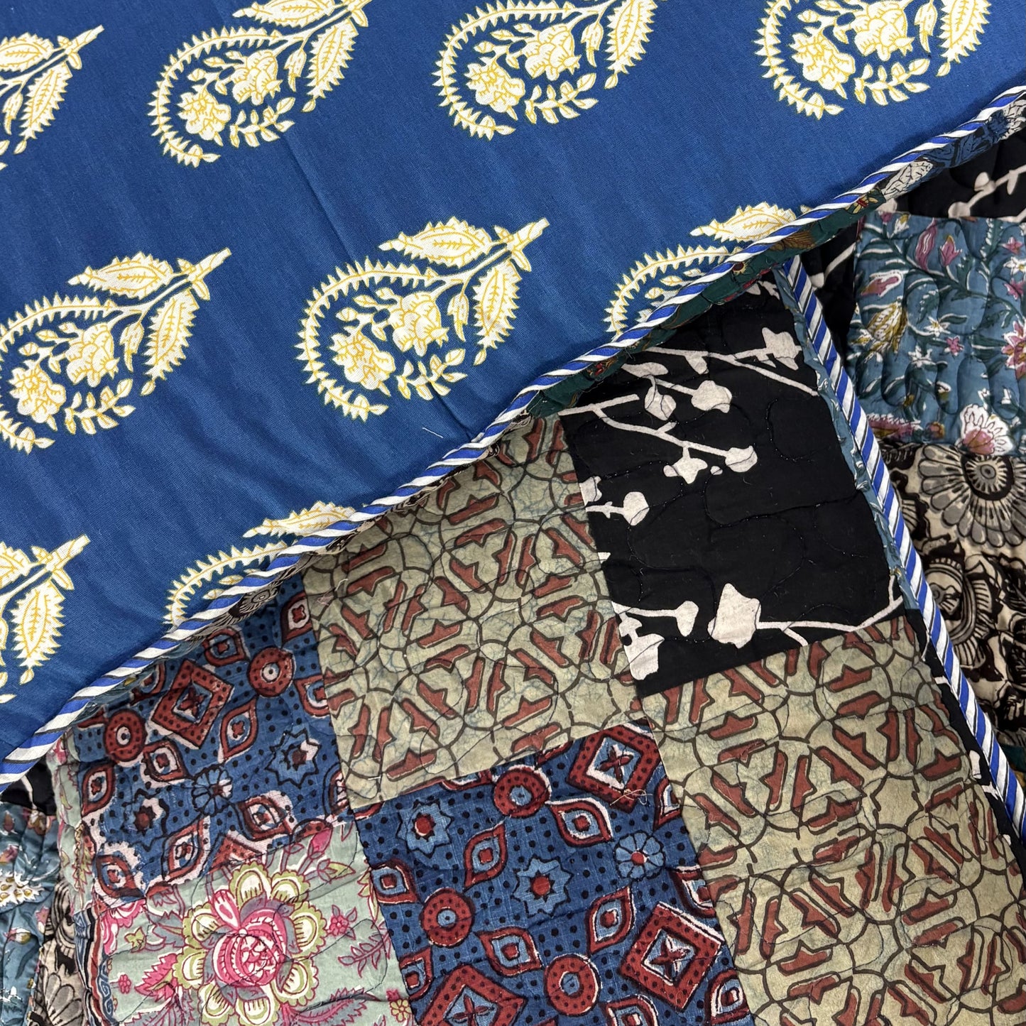 Rangeela - Blue - Patchwork Reversible Quilted Bedcover I Comforter - With Pillow Cases