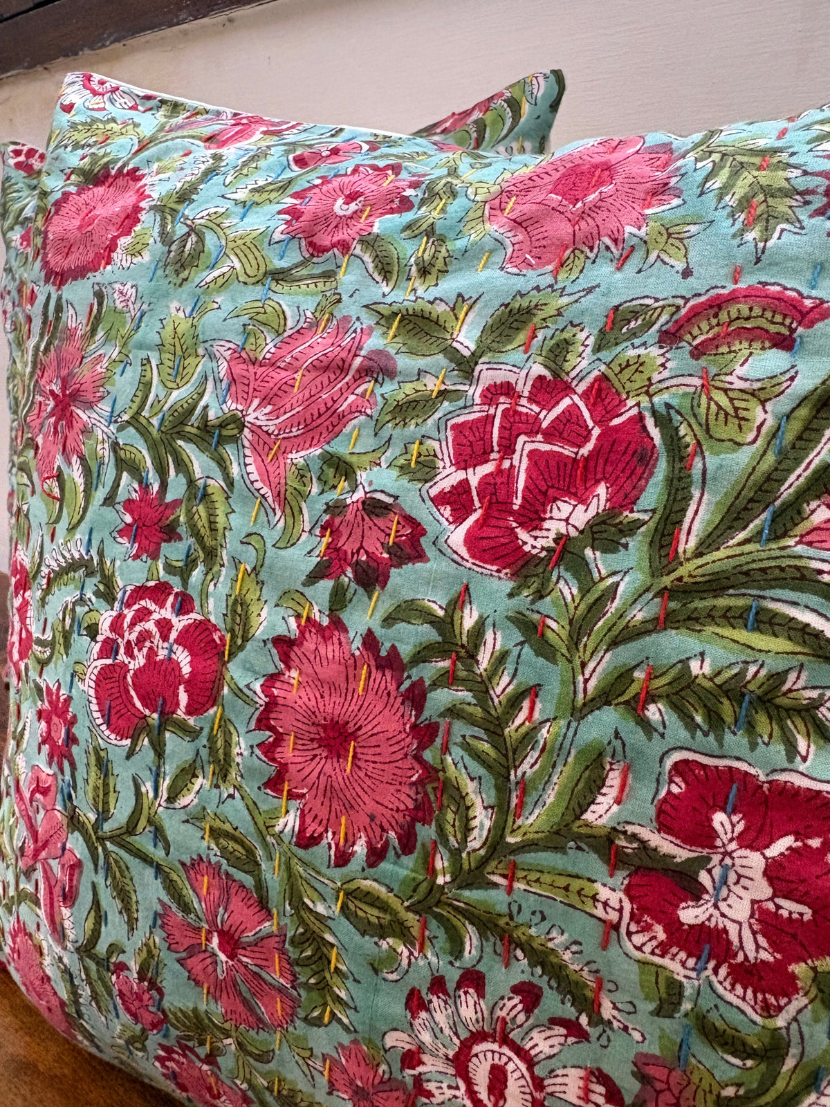 Kadambari – Handblock Kantha Stitch Cushion Cover