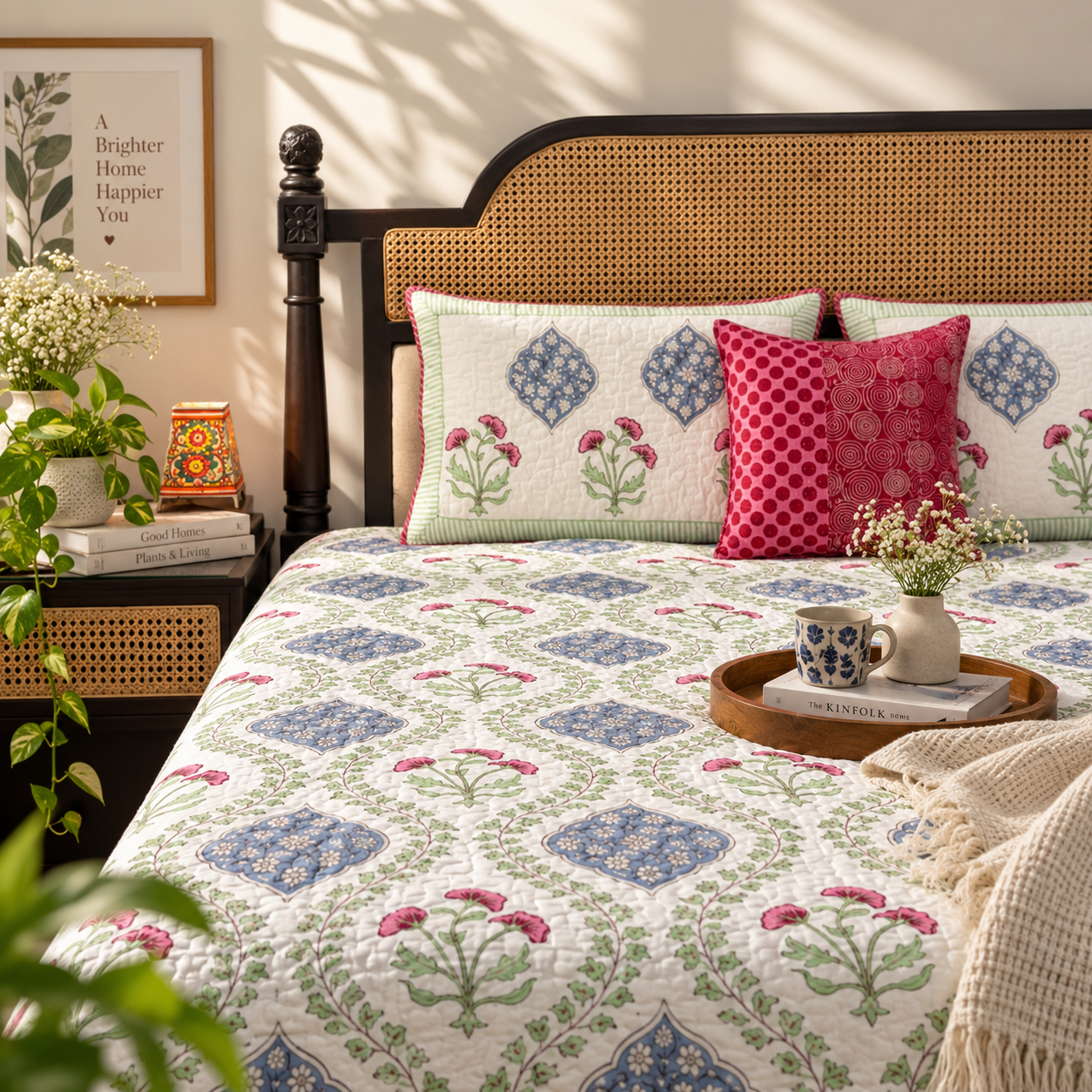 Mughal Garden - Quilted and Reversible Handblock Bedcover I Comforter