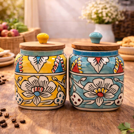 Hand Painted Ceramic Storage Jars - Set Of 2