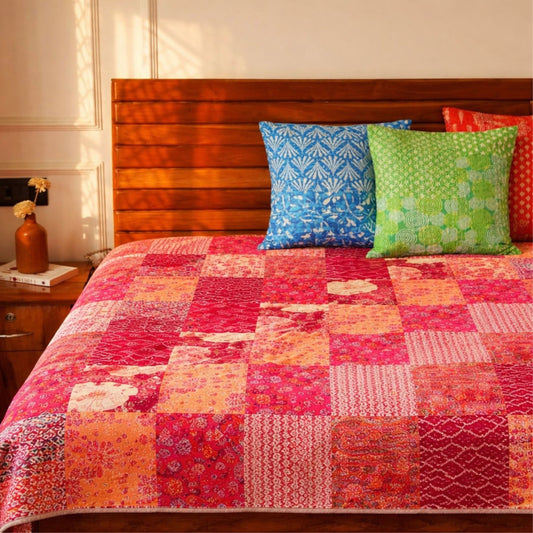 Rangeela - Red- A Patchwork Reversible Quilted Bedcover I Comforter