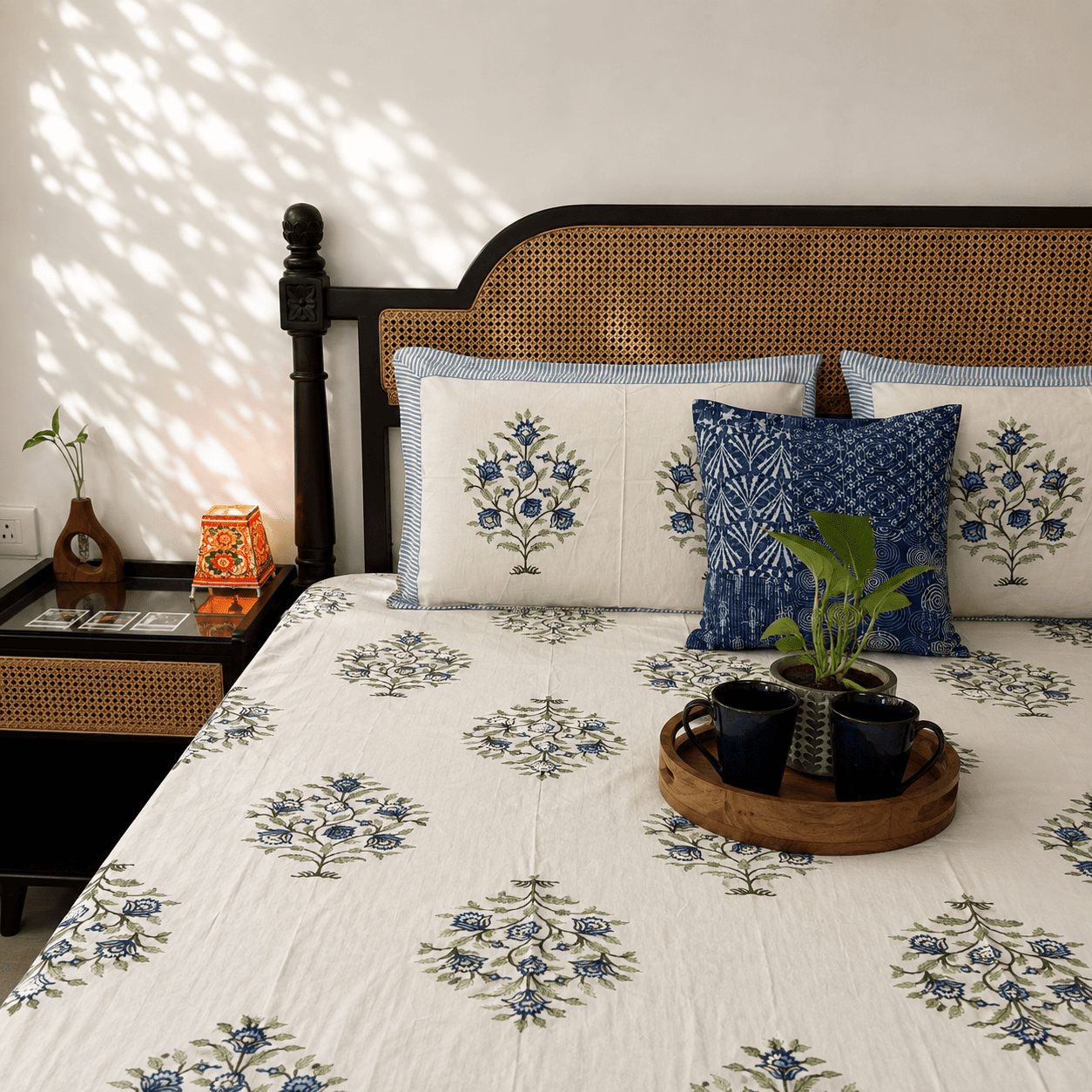 Zareen Blue - Flat I Fitted Bedsheet (108x108 Inches)