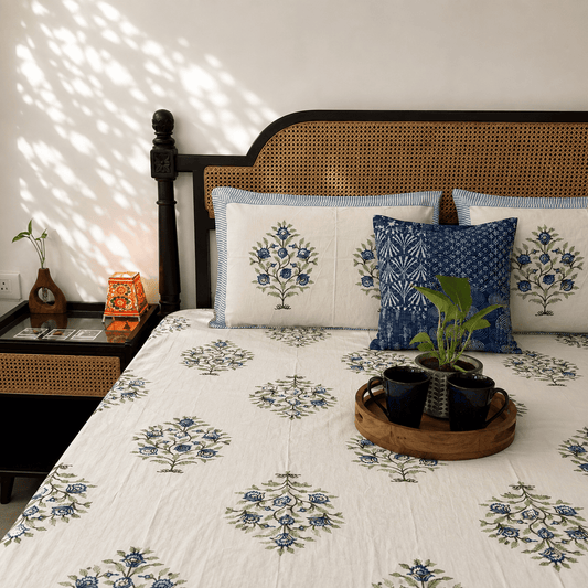 Zareen Blue - Flat I Fitted Bedsheet (108x108 Inches)