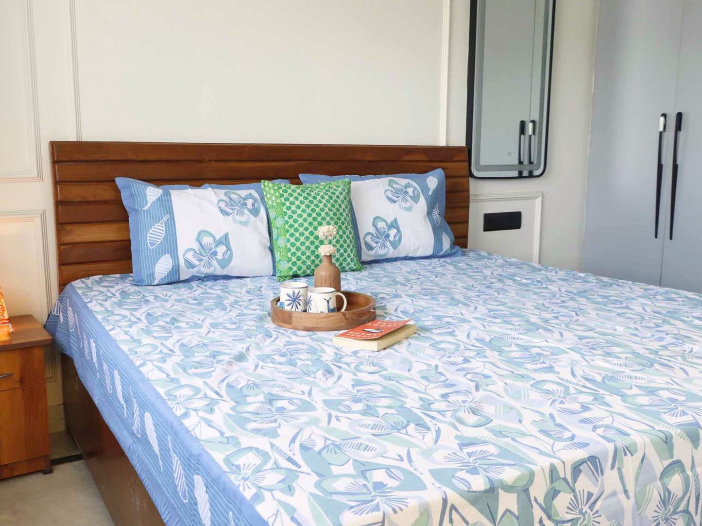 Abstract Floral Blue - Flat I Fitted Bedsheet (100x108 Inches)