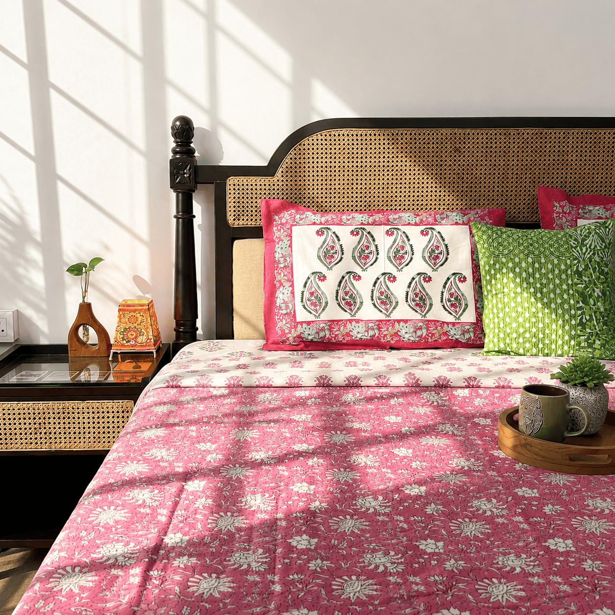 Double Bed Block Print Reversible Mul Dohar - Gulabi