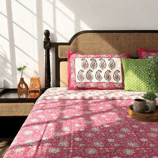 Double Bed Block Print Reversible Mul Dohar - Gulabi