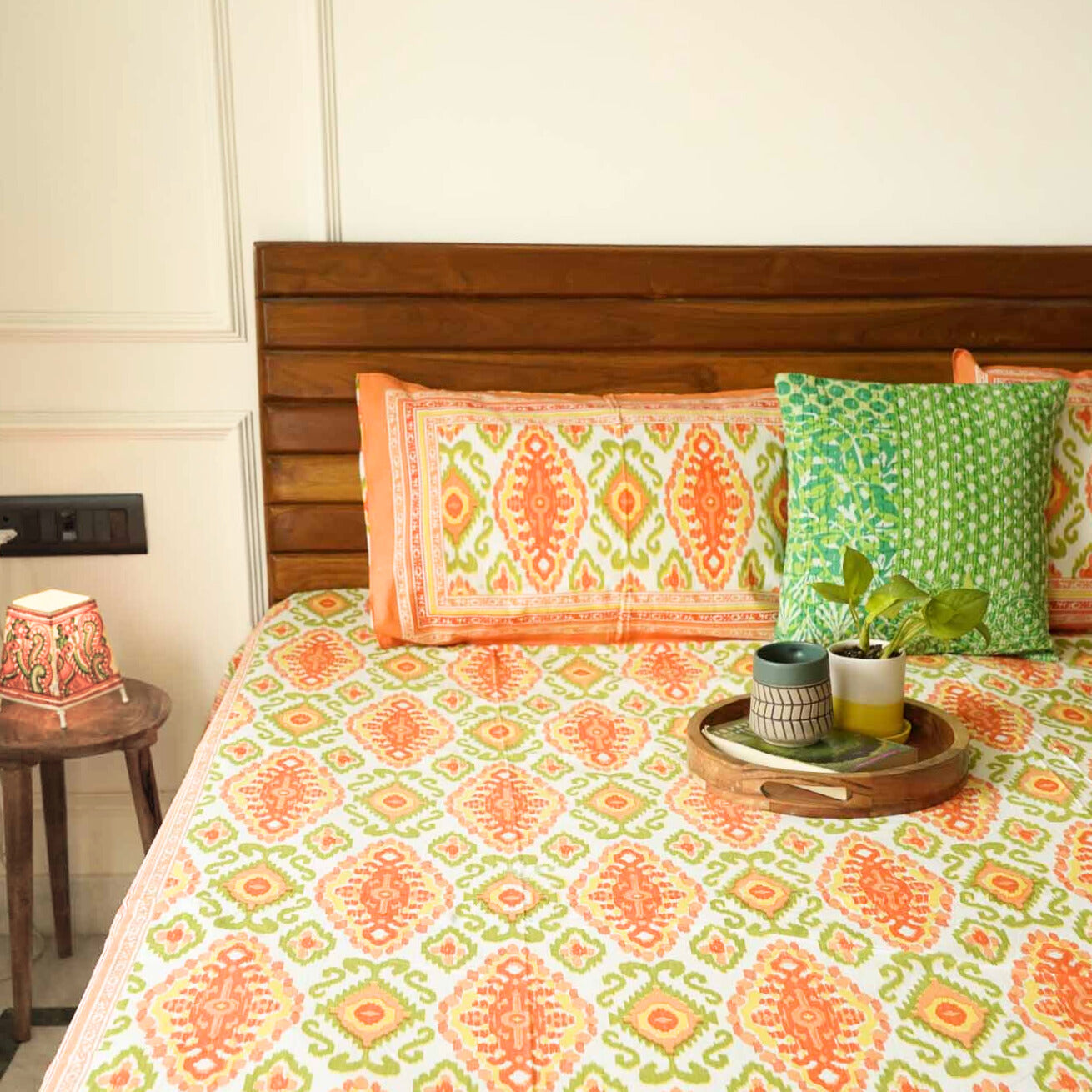 Ikkat - Orange - Flat/Fitted Bedsheet (90x108 Inches)