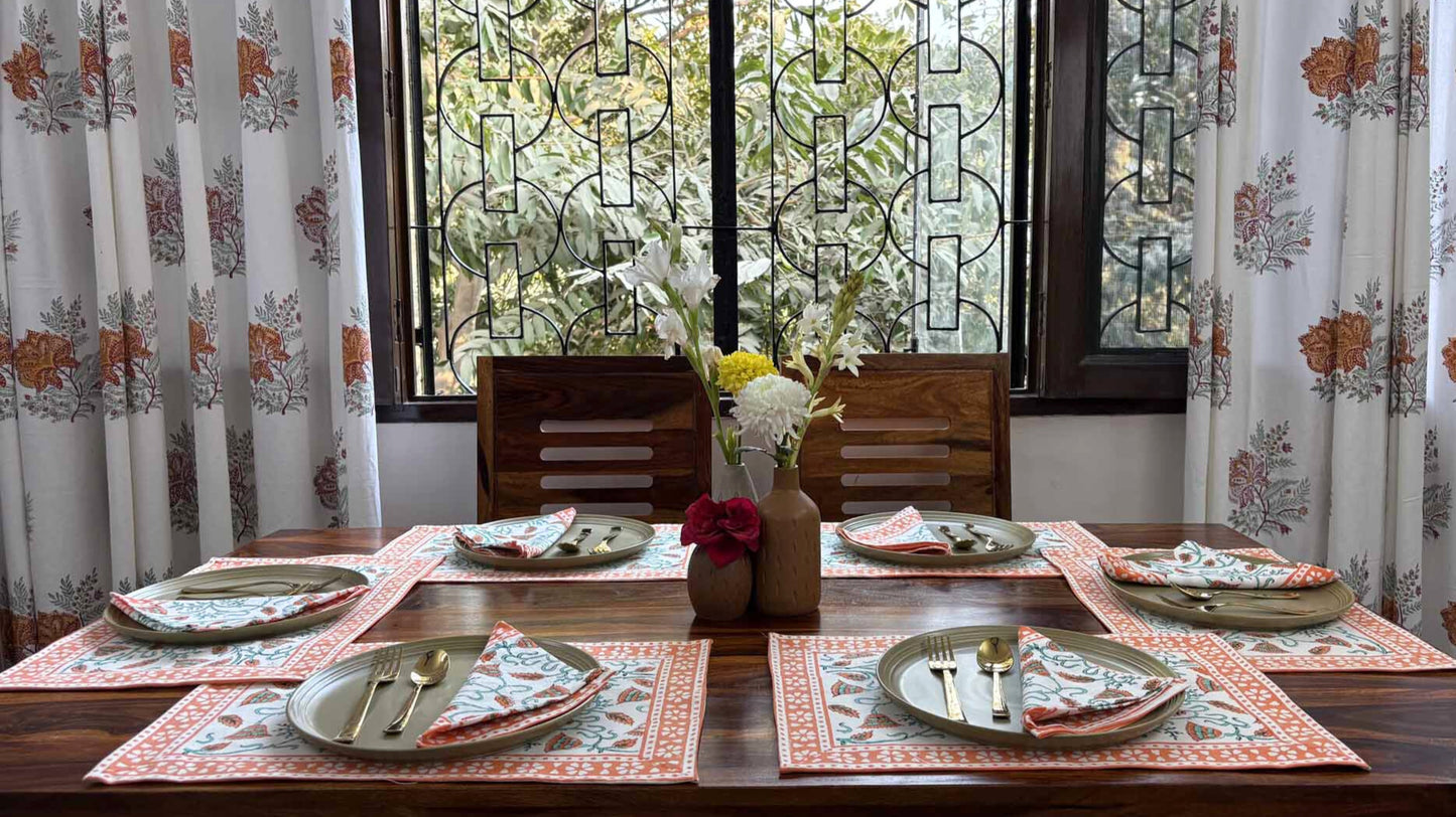 Kesari Bel - Hand Block Table Runner, Table Mats and Napkins