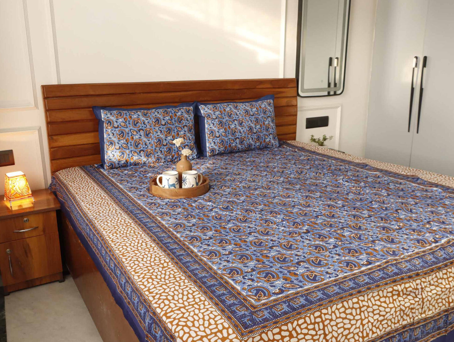 Kalamkari Pastel Blue – Flat I Fitted Bedsheet (90x108 Inches)