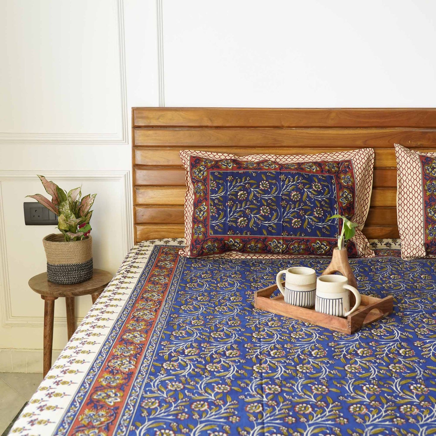 Kalamkari Blue S - Flat I Fitted Bedsheet (108x108 Inches)