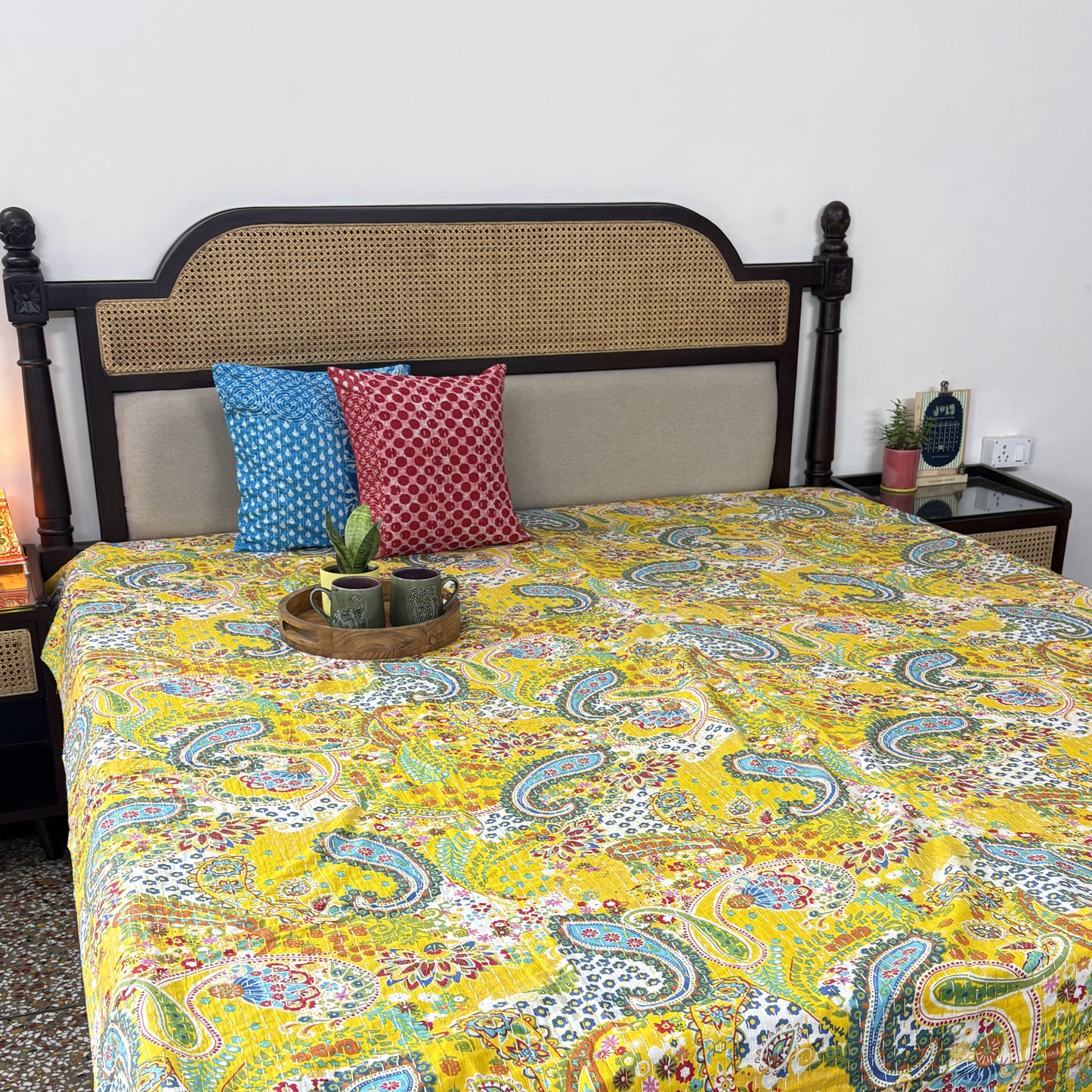 Bedsheets online with matching block print cushion covers for bedrooms