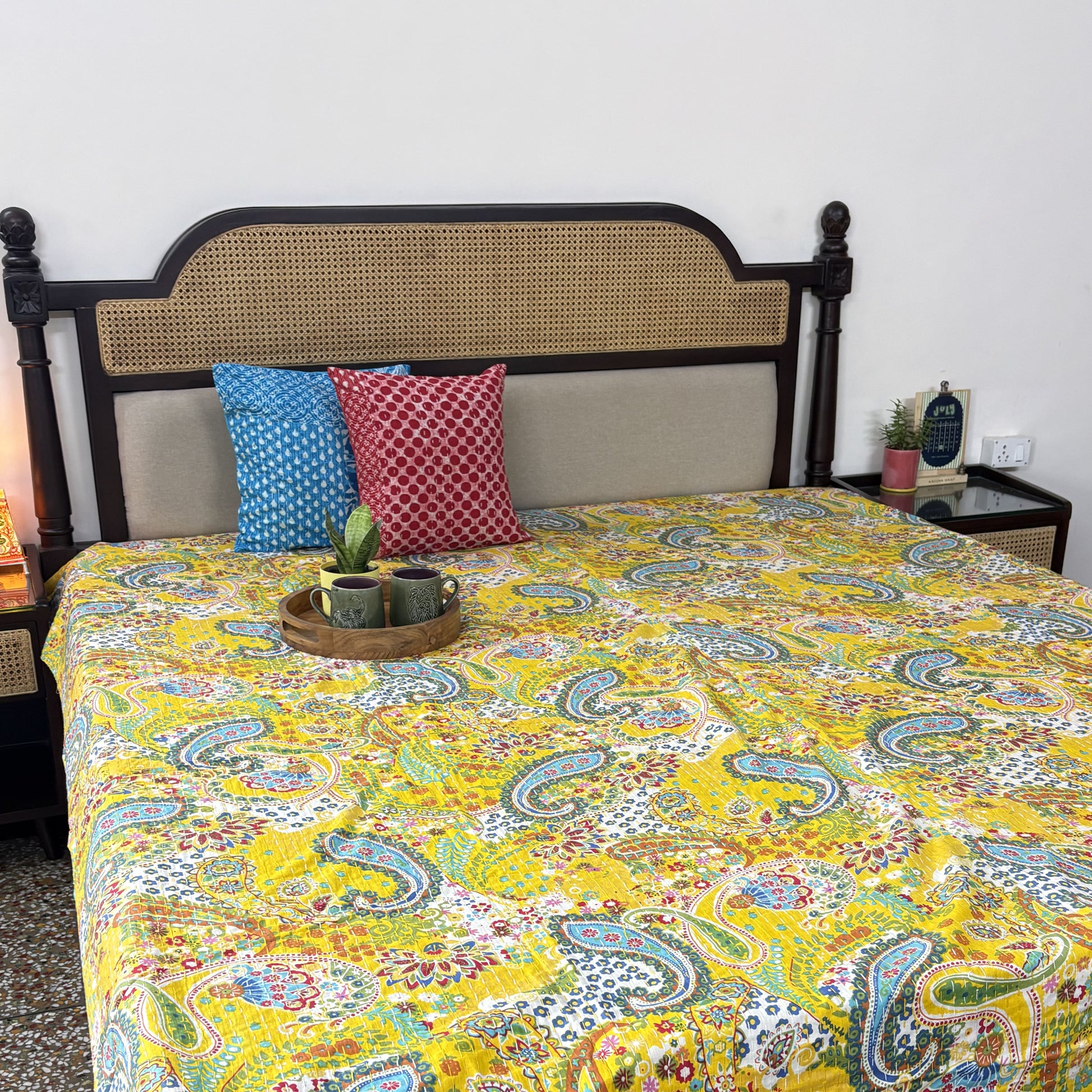 Bedsheets online with matching block print cushion covers for bedrooms