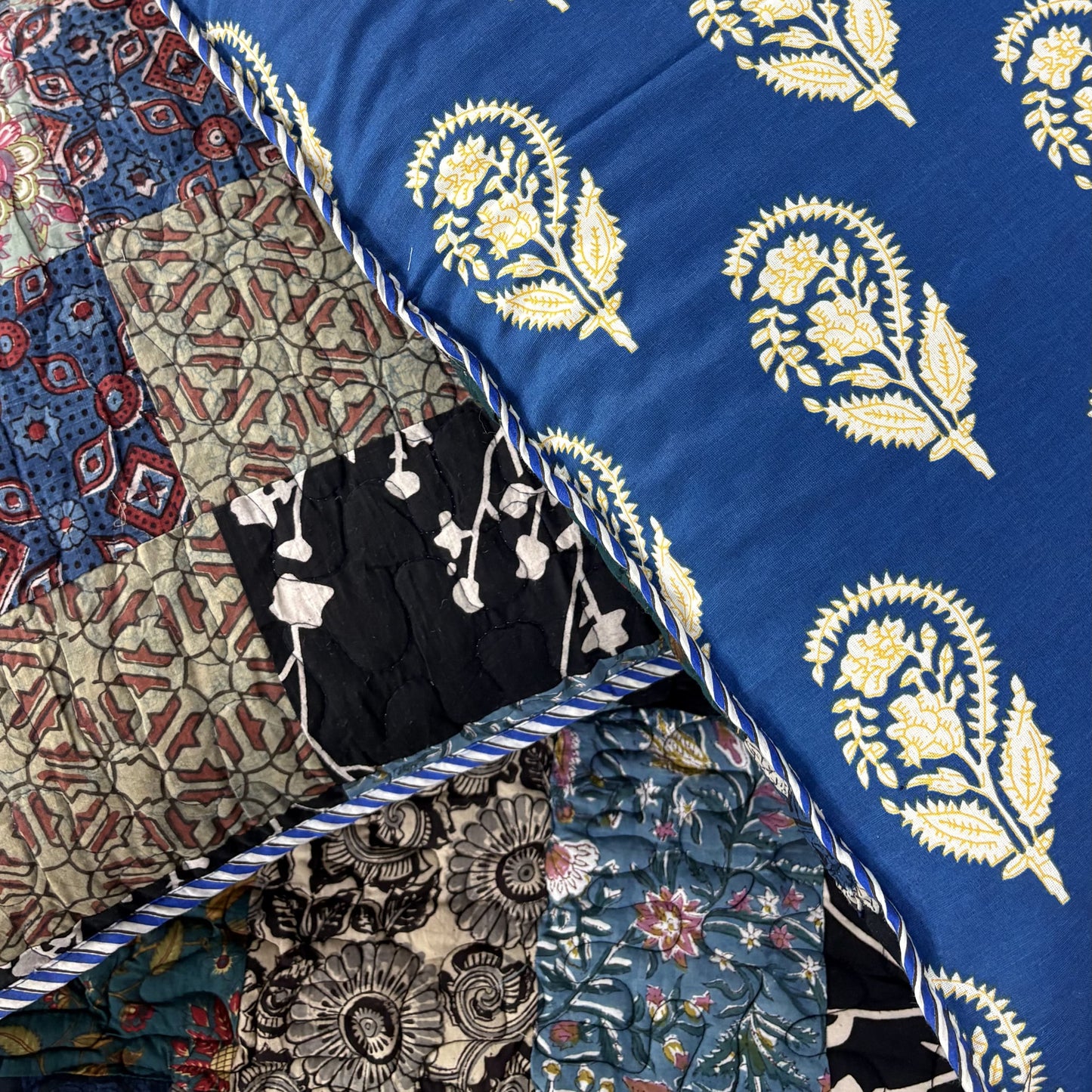 Rangeela - Blue - Patchwork Reversible Quilted Bedcover I Comforter - With Pillow Cases
