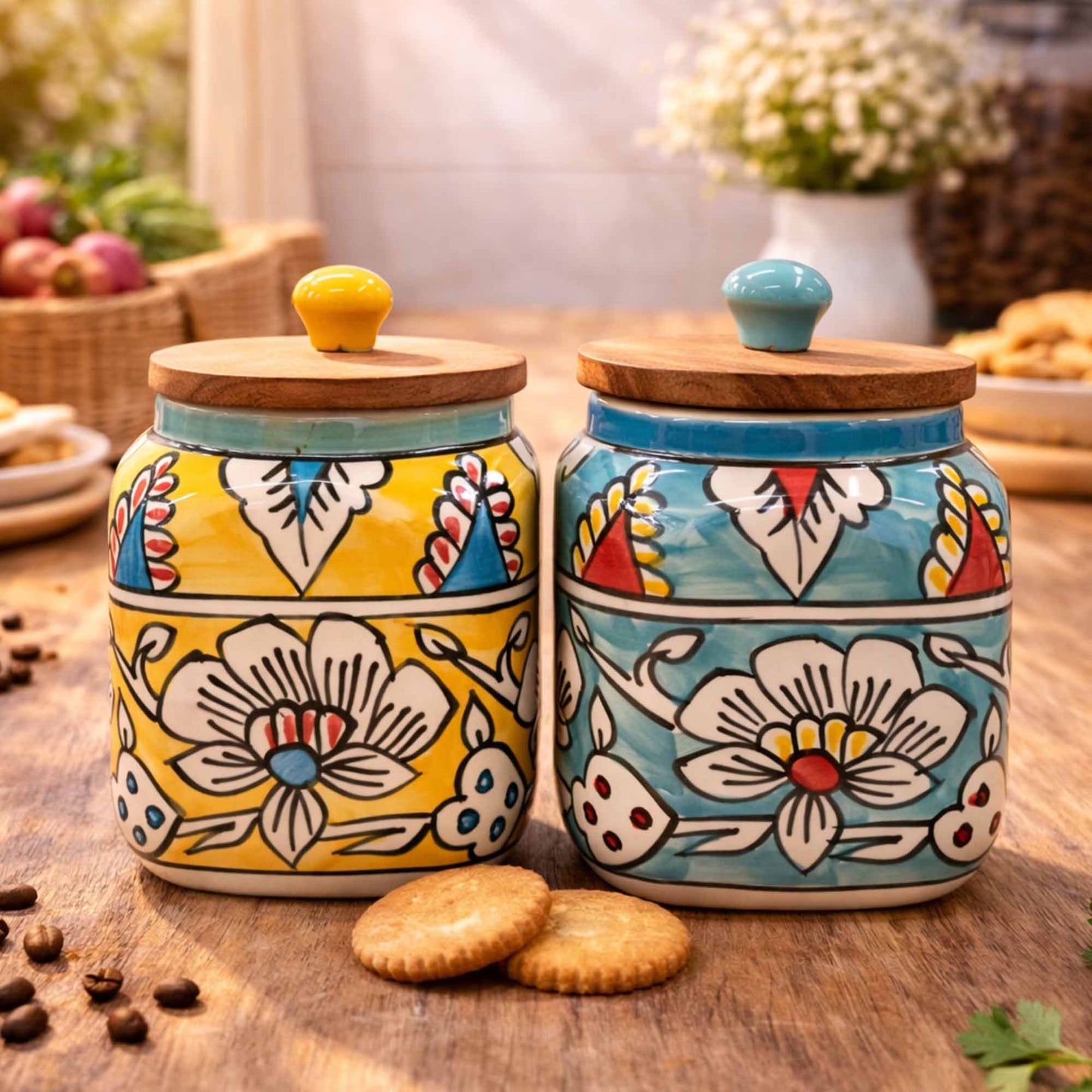 Hand Painted Ceramic Storage Jars - Set Of 2