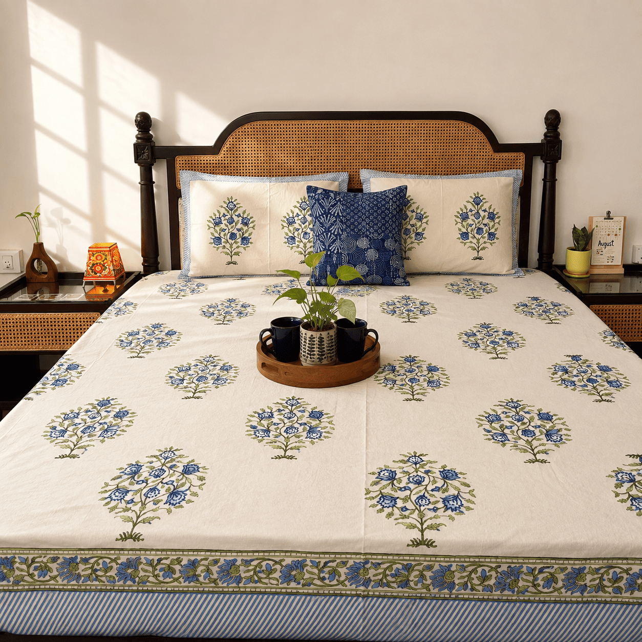 Zareen Blue - Flat I Fitted Bedsheet (108x108 Inches)