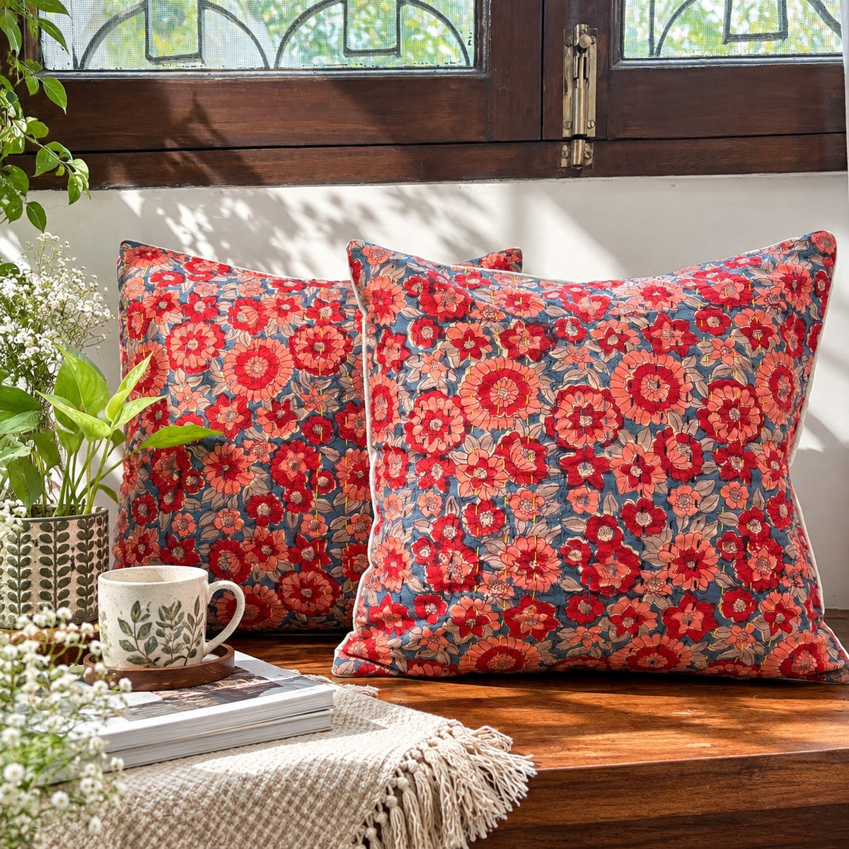 Gulshan – Handblock Kantha Stitch Cushion Cover