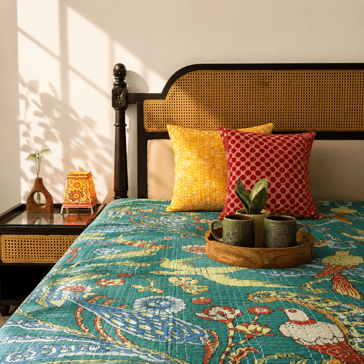 Handcrafted cotton bedsheets online with vibrant floral block prints