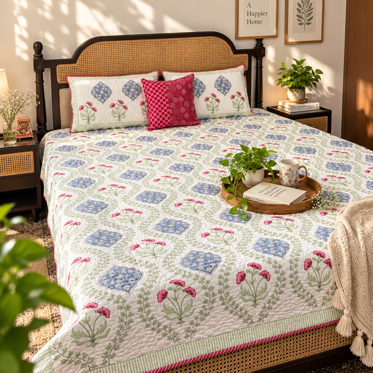 Mughal Garden - Quilted and Reversible Handblock Bedcover I Comforter