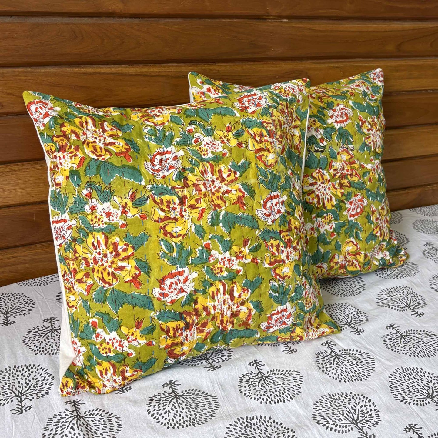 Basanti – Handblock Kantha Stitch Cushion Cover