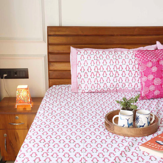 Pink Penguin - Handblock Bedsheet (108x108 inches)