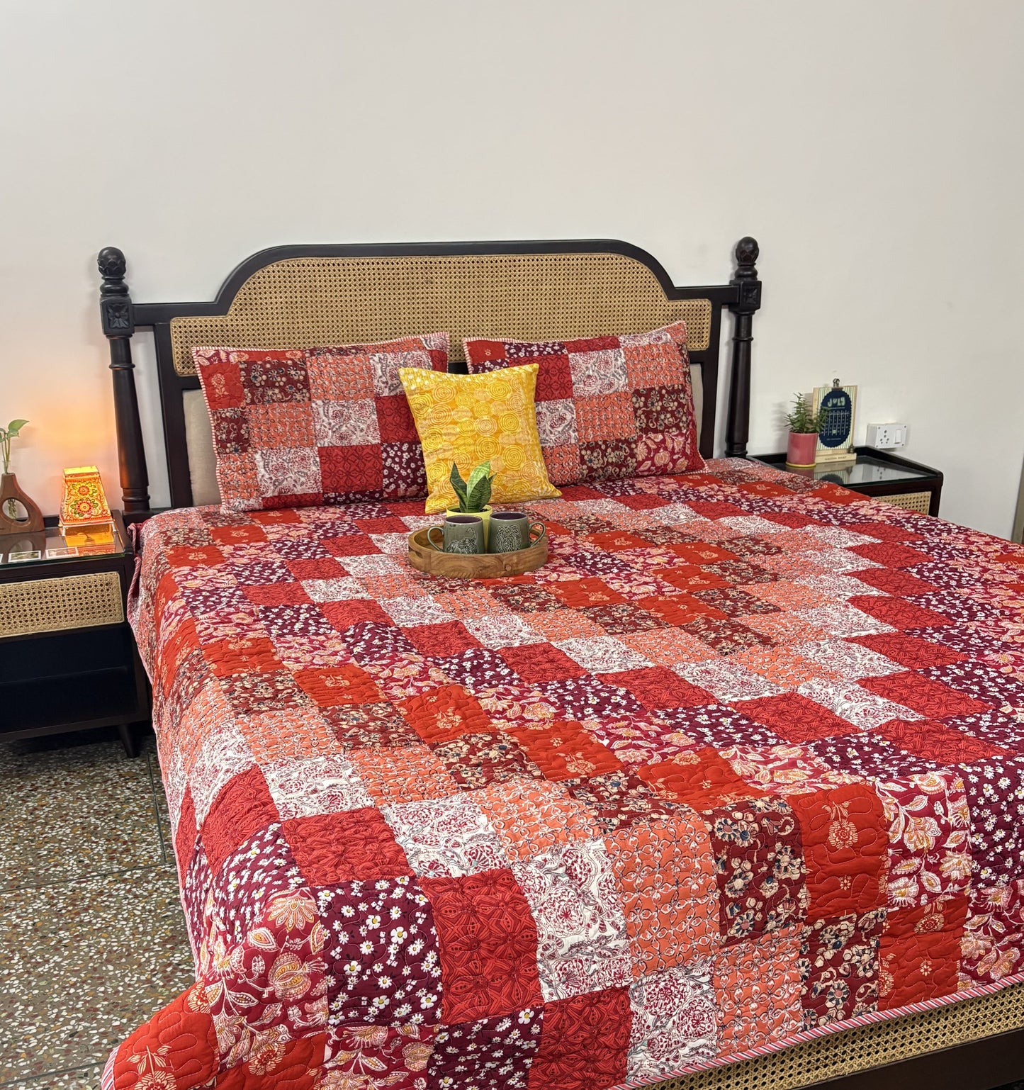 Rangeela - Red - A Patchwork Reversible Quilted Bedcover I Comforter - With Pillow Cases