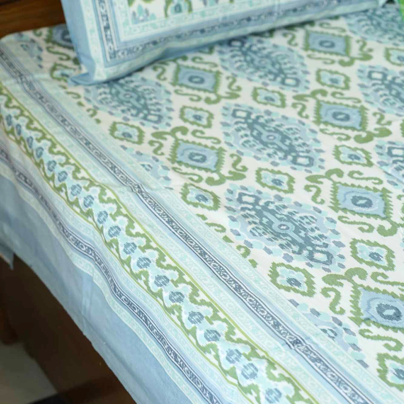Ikkat - Blue - Flat/Fitted Bedsheet (90x108 Inches)