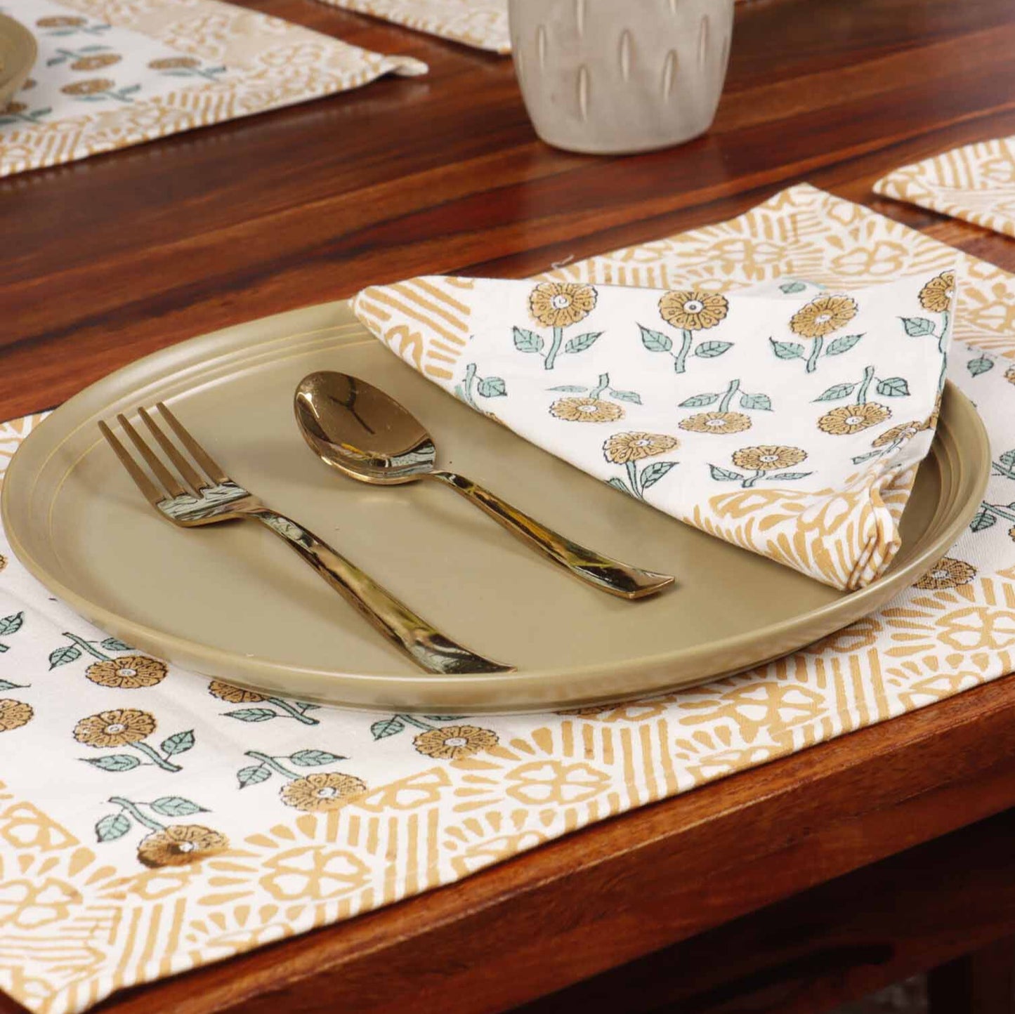 Pushpita - Hand Block Printed Table Runner, Table Mats and Napkins