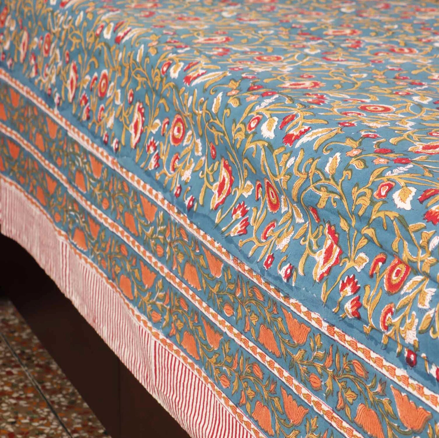 Hand block Kalamkari Blue Rangoon (108x108 Inches)