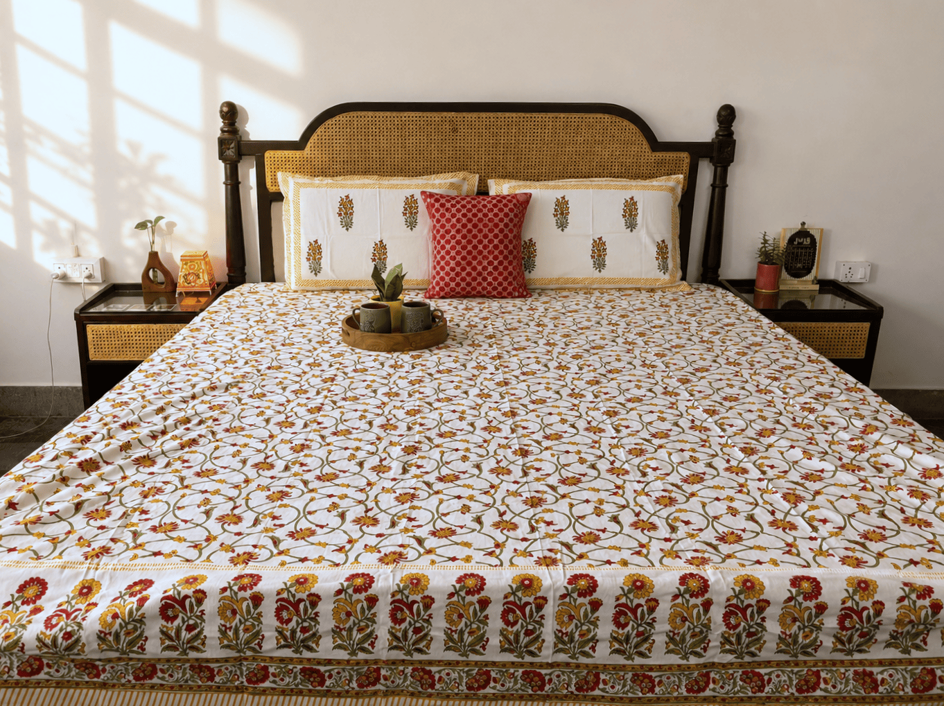 Rust Bloom - Hand block Bedsheet (108x108 Inches)