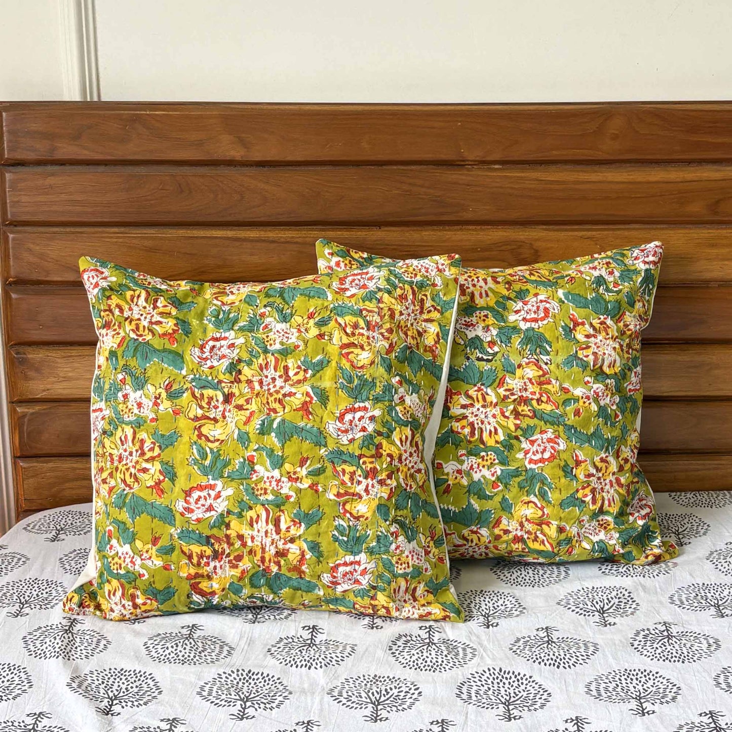 Basanti – Handblock Kantha Stitch Cushion Cover