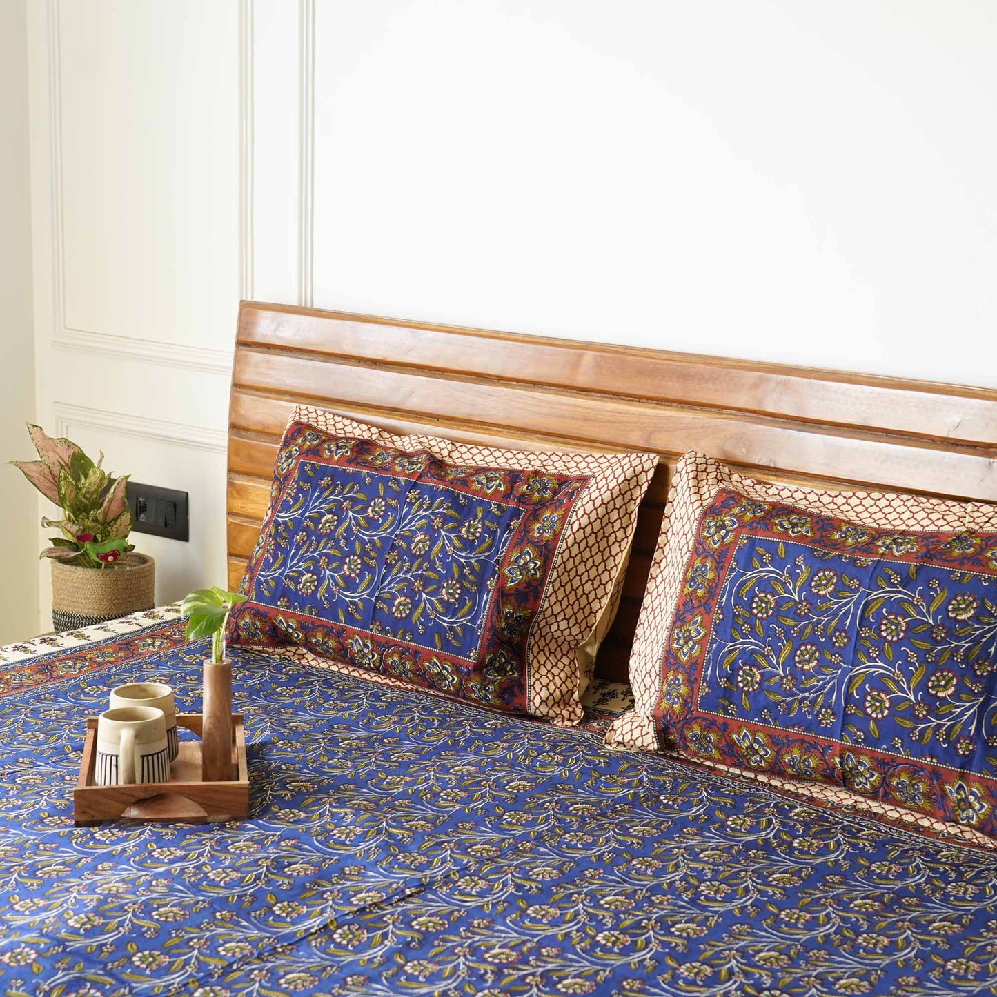 Kalamkari Blue S - Flat I Fitted Bedsheet (108x108 Inches)