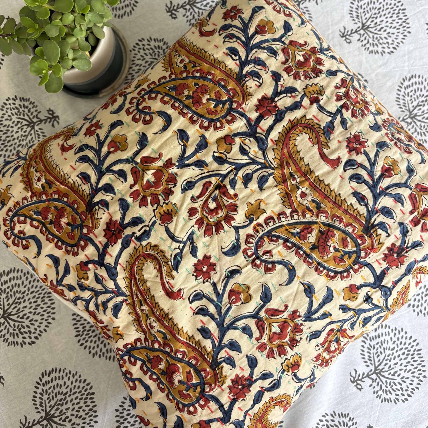 Jaipur Paisley – Handblock Kantha Stitch Cushion Cover