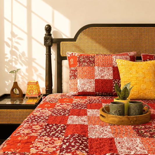 Rangeela - Red - A Patchwork Reversible Quilted Bedcover I Comforter - With Pillow Cases