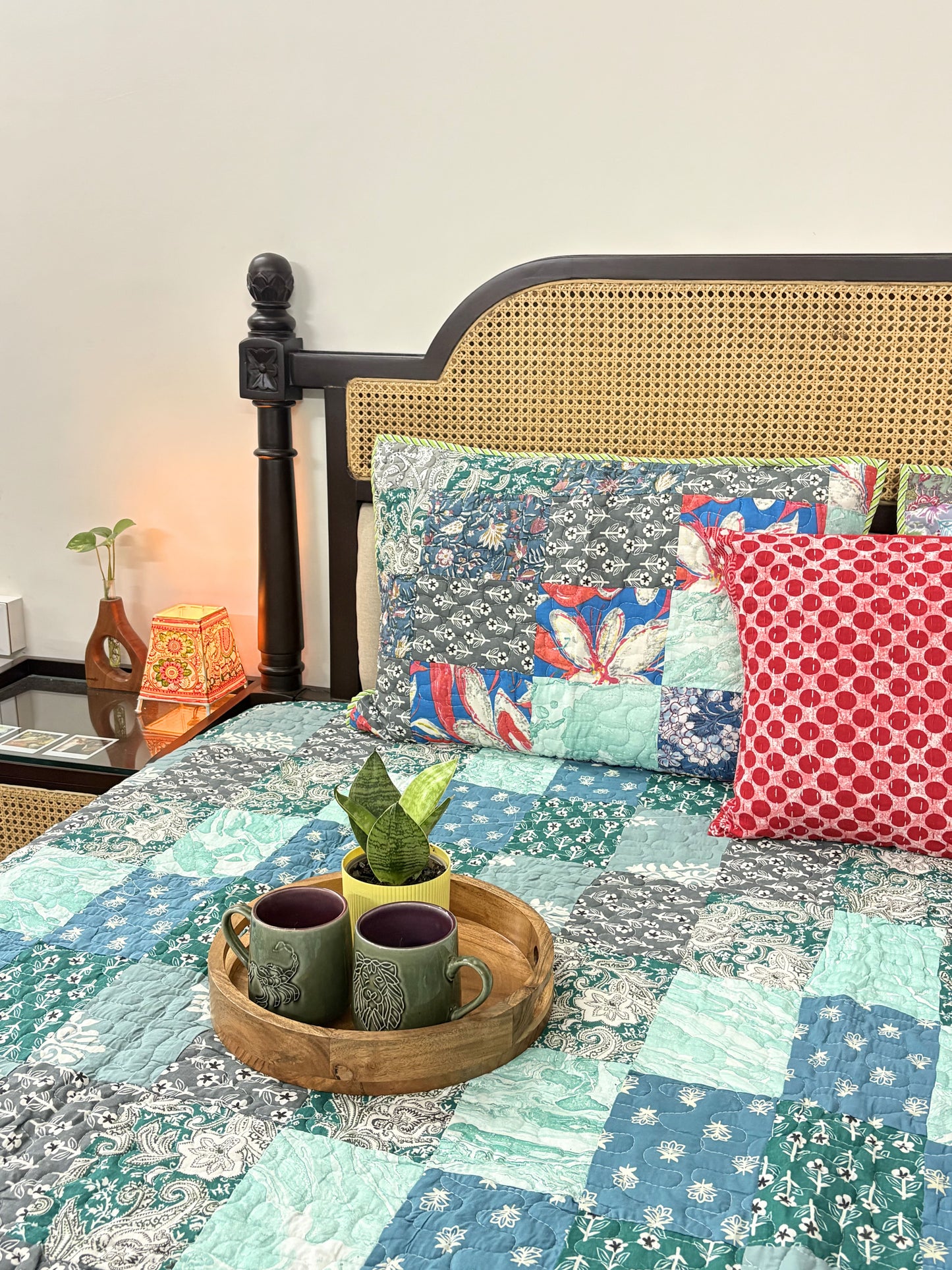 Rangeela - Turquoise - A Patchwork Reversible Quilted Bedcover I Comforter - With Pillow Cases