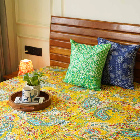 Anokhi Yellow - Kantha Stitch Bedcover