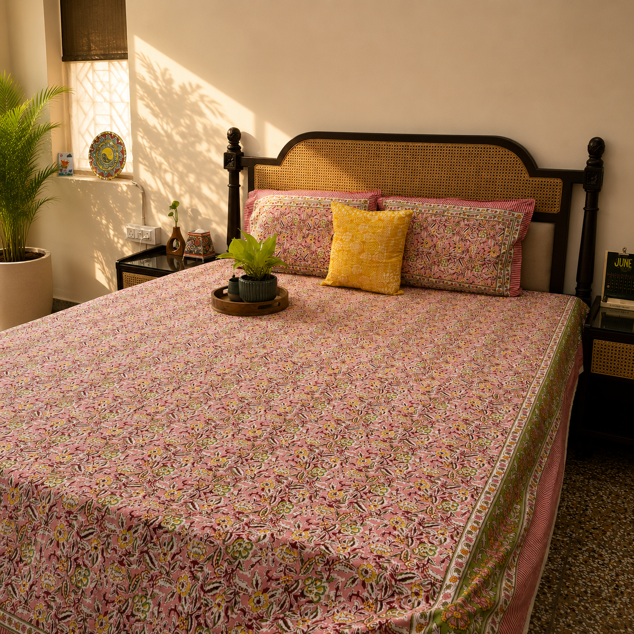 Phulwari Pink - Flat I Fitted Bedsheet (90x108 Inches)