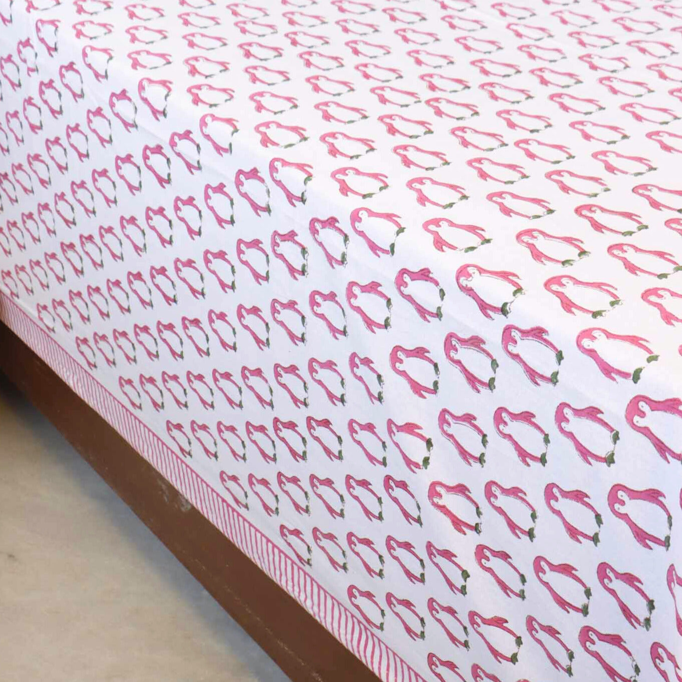 Pink Penguin - Handblock Bedsheet (108x108 inches)