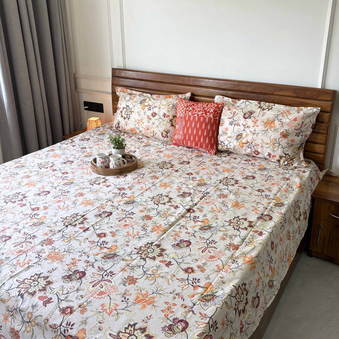 Anokhi Prints - Beige – Flat I Fitted Bedsheet (108x108 Inches)