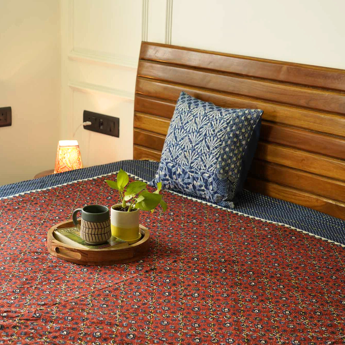 Ajrakh  Red - Kantha stitch Bedcover (90x108)