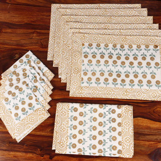 Pushpita - Hand Block Printed Table Runner, Table Mats and Napkins