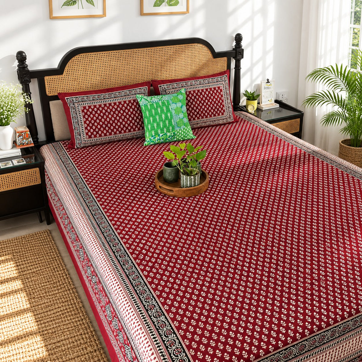 New Maroon Kalamkari- Flat I Fitted Bedsheet (90x108 Inches)
