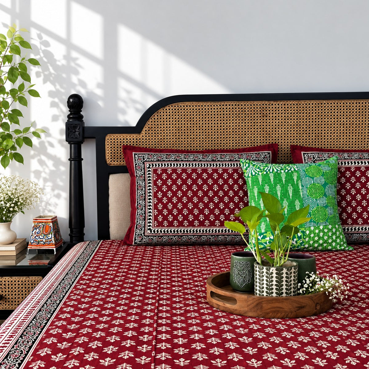 New Maroon Kalamkari- Flat I Fitted Bedsheet (90x108 Inches)