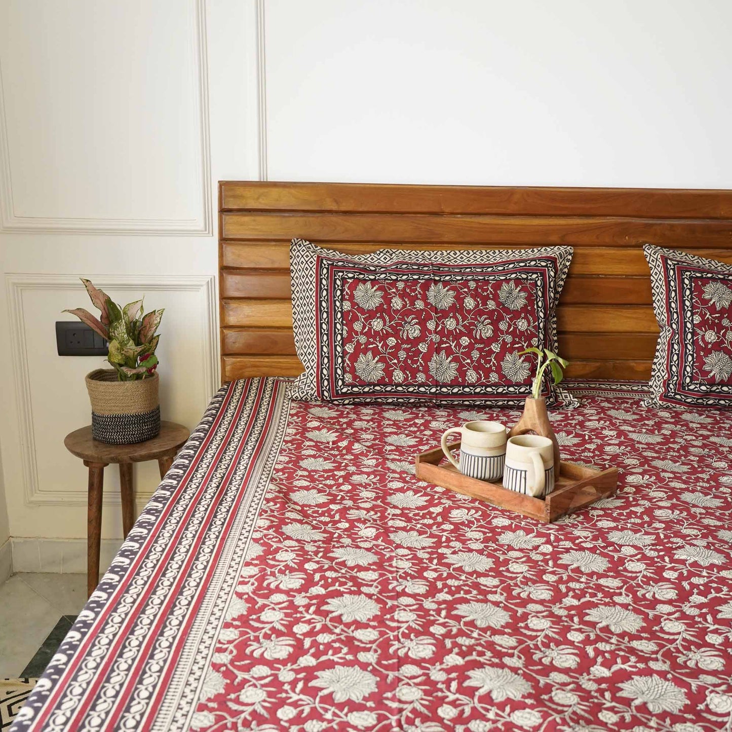 Kalamkari Red - Flat I Fitted Bedsheet (108x108 Inches)