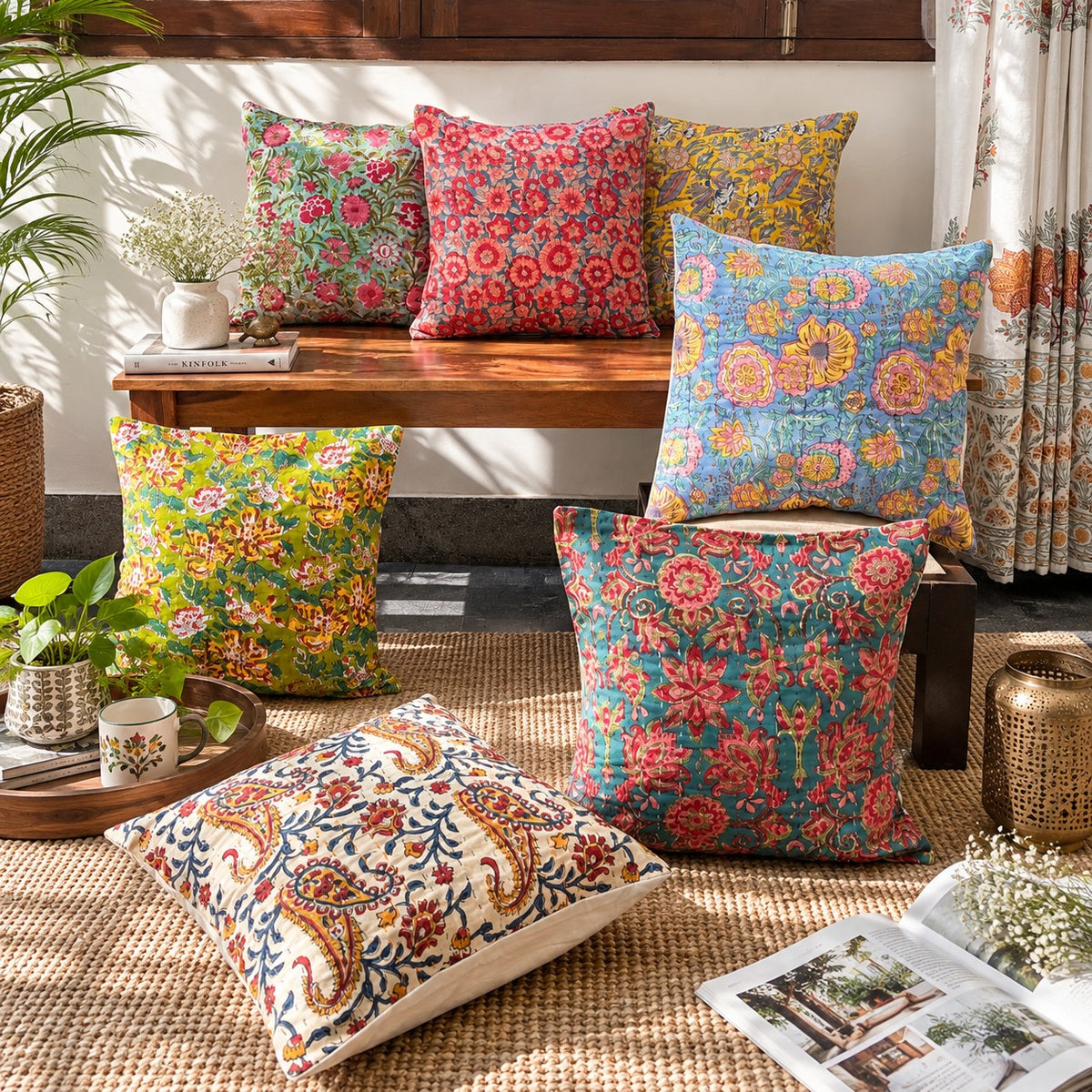 Shades of India - Kantha Stitched Cushion Covers - Set of 7