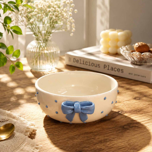 Elegant Bow Detailing Bowl with blue ribbon accent, handcrafted ceramic serving bowl for home décor, dining, and table styling.